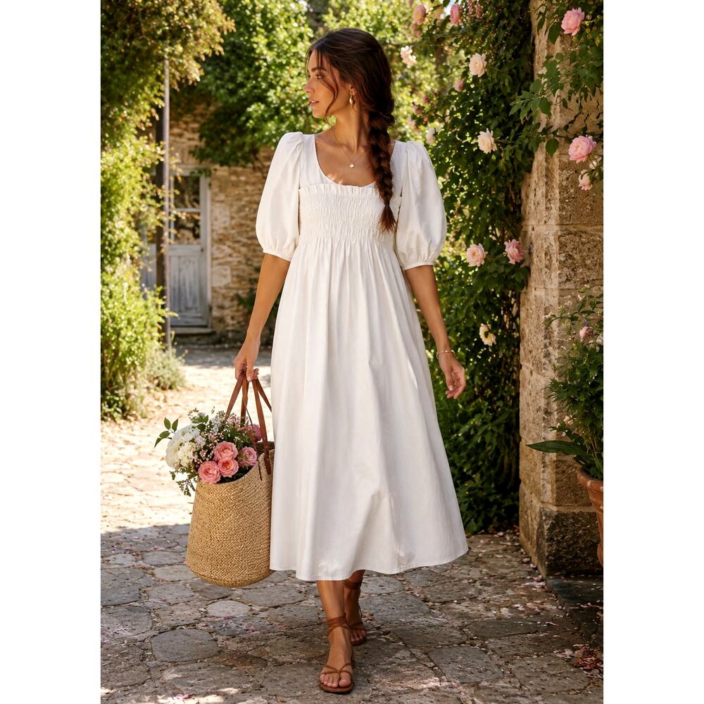 Ciao Lucia XS Smocked Cotton Puff Sleeve Veneto Midi Dress Ivory Cream 2 4 NWT